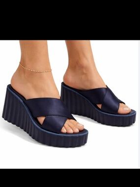 Tory Burch Womens Navy Platform Slide Sandals - Crisscross Wedge